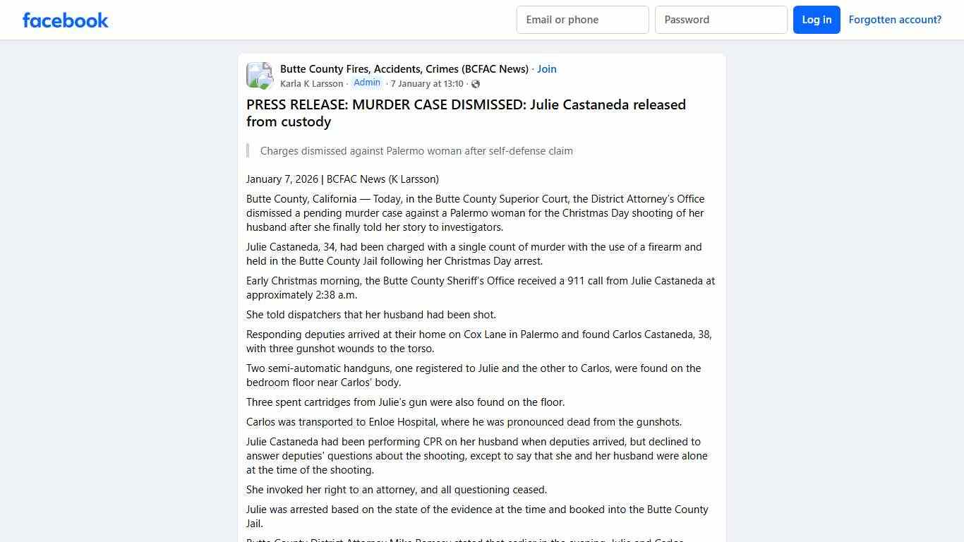 Butte County Fires, Accidents, Crimes (BCFAC News) # **PRESS RELEASE: MURDER CASE DISMISSED: Julie Castaneda released from custody** Facebook